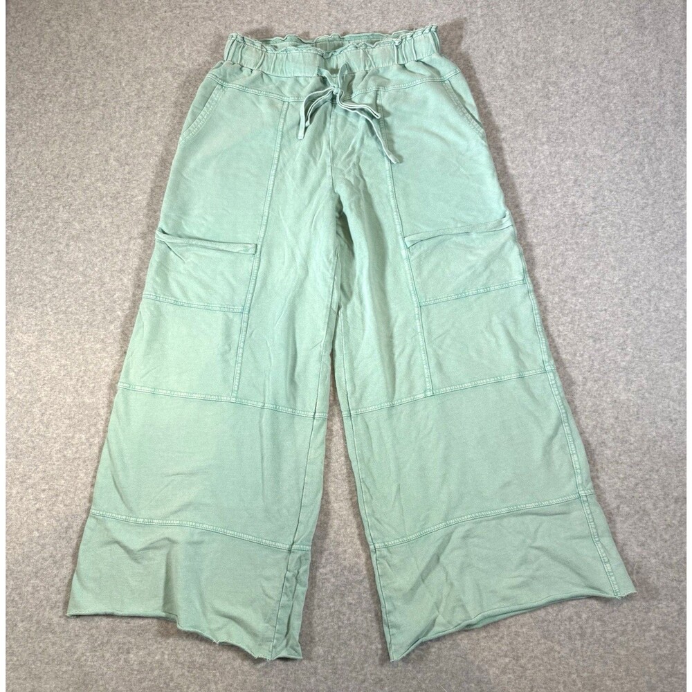 Easel Pants Mint Green Washed Terry Knit Wide Leg Cargo L Relaxed Cotton Relaxed